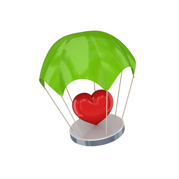 红色的心在绿色降落伞. — 图库照片