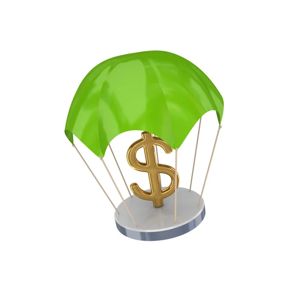 Golden dollar sign at green parachute. — Stock Photo, Image