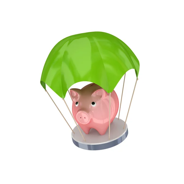 Rosa Sparschwein am grünen Fallschirm. — Stockfoto