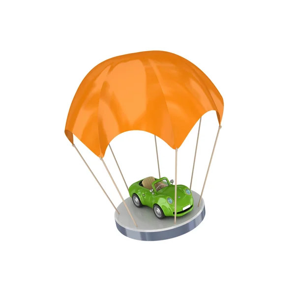 Groene auto op oranje parachute. — Stockfoto