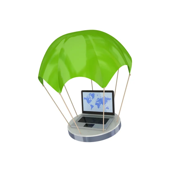 Moderne laptop tegen een groene parachute. — Stockfoto