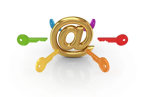 Bunte Schlüssel rund um goldenes E-Mail-Zeichen. — Stockfoto
