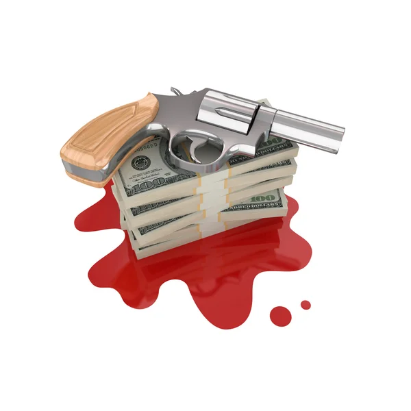 Chromed revolver and dollar packs on a bloody stain. — Stock Photo, Image