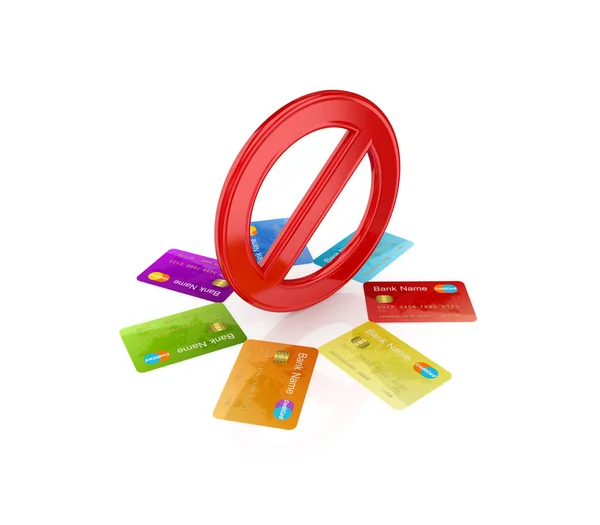 Kleurrijke creditcards rond rode stop symbool. — Stockfoto