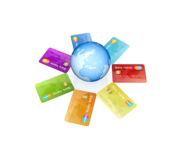 Colorful credit cards around the globe — Stock Photo, Image