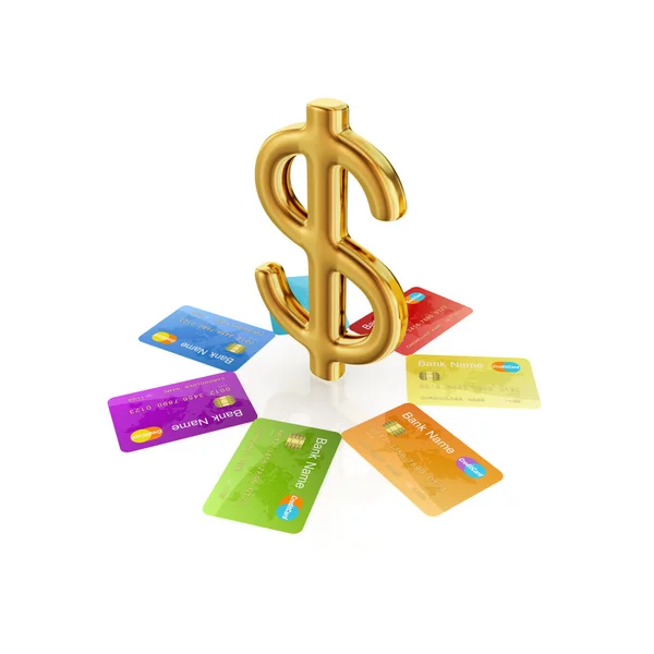 Tarjetas de crédito coloridas alrededor del signo del dólar de oro . —  Fotos de Stock