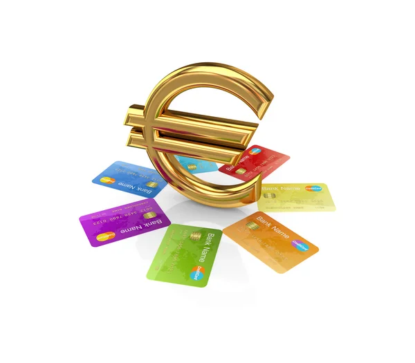 Kleurrijke creditcards rond gouden eurosymbool. — Stockfoto