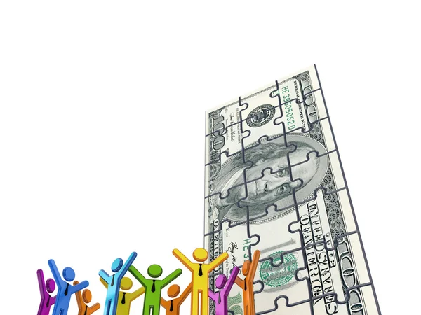 Huge dollar banknote made of puzzles and colorful 3d small peopl — Stock Photo, Image