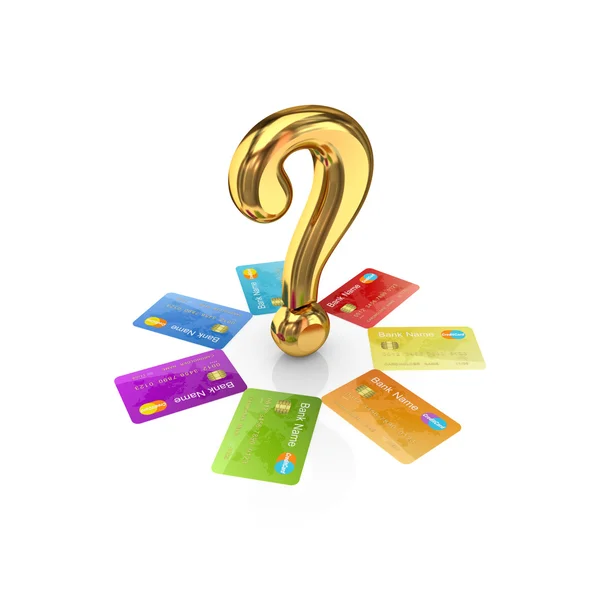 Tarjetas de crédito coloridas alrededor de signo de consulta de oro . — Foto de Stock