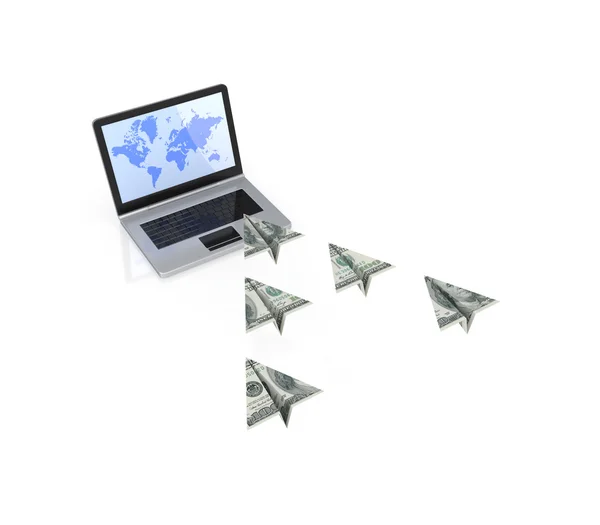 Airplane made of dollars flying to laptop screen. — Stock Photo, Image