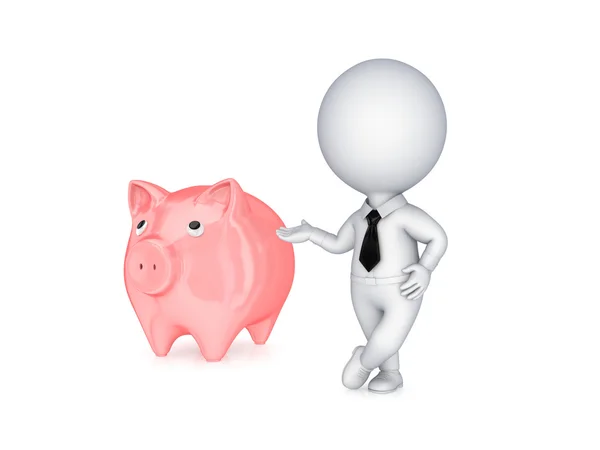 3d small person showing on a pink piggybank. — Stock Photo, Image