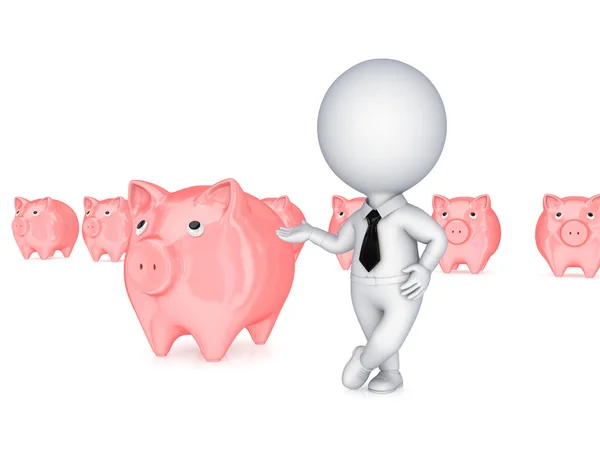 3d small person showing on a pink piggybank. — Stock Photo, Image
