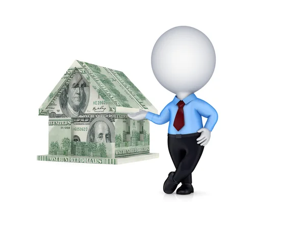 Osoba 3D i mały domek z pieniędzy. — Zdjęcie stockowe