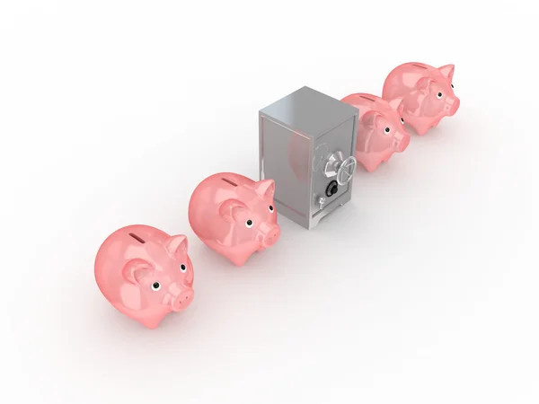 Iron safe between pink piggy banks. — Stock Photo, Image