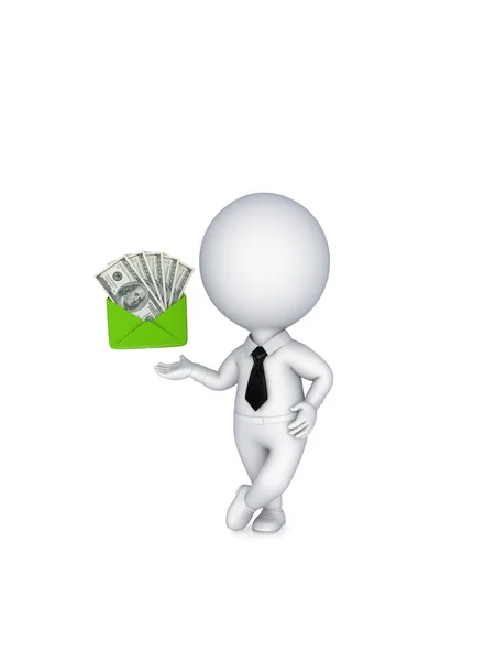 3d small person and dollars in a green enbelope. — Stock Photo, Image