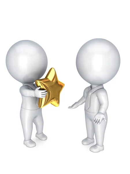 3d small person with a golden star in a hands. — Stock Photo, Image