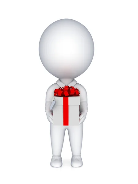 3d small person with a gift box in a hands. — Stock Photo, Image