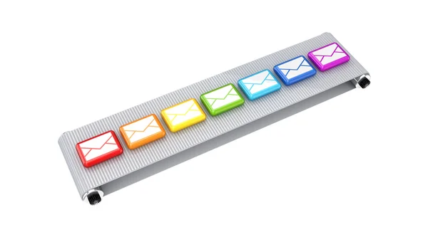 Colorful keys on grey conveyor. — Stock Photo, Image