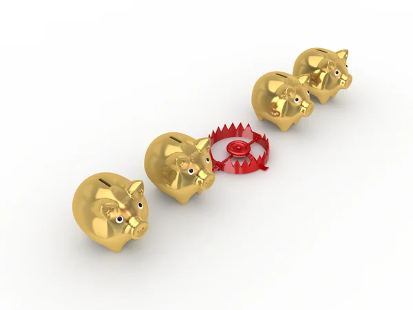 Red trap between golden piggy banks. — Stock Photo, Image