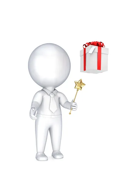 3d piccola persona con una bacchetta magica in una mano e confezione regalo . — Foto Stock