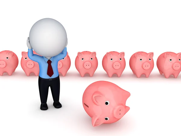 Stressed 3d small person looking for a pink piggy bank. — Stock Photo, Image