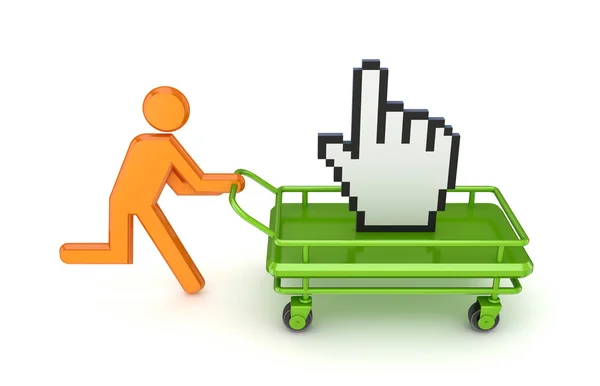 Running 3d small person and big cursor on a pushcart. — Stock Photo, Image