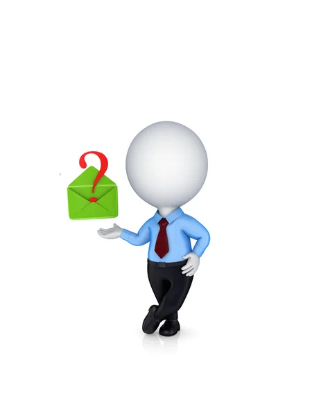 3D-kleine persoon met een groen envelop en query teken. — Stockfoto