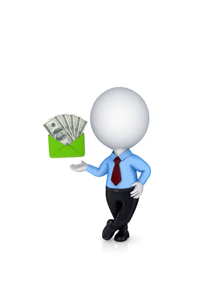 3d small person and dollars in a green enbelope. — Stock Photo, Image