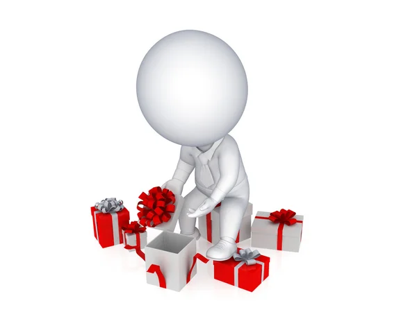 3D liten person öppnar rutan gåva. — Stockfoto