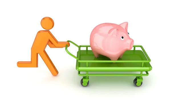 Running 3d small person and piggy bank on a pushcart. — Stock Photo, Image