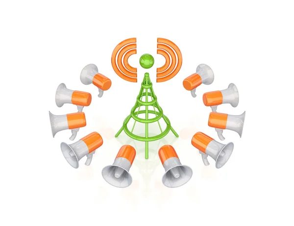 Megafones laranja em torno do símbolo de antena verde . — Fotografia de Stock
