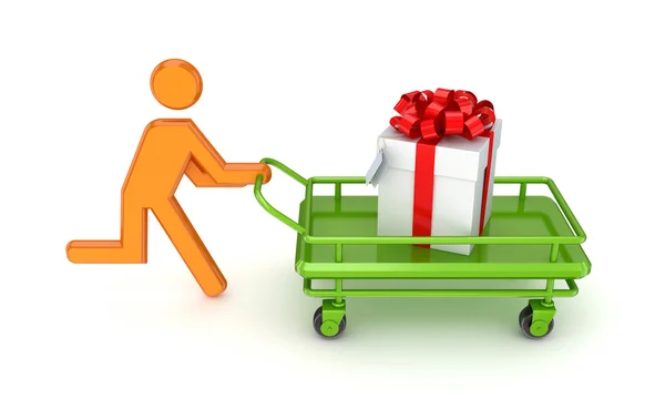 Running 3d small person and gift box on a pushcart. — Stock Photo, Image