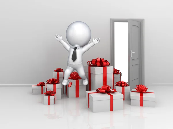 Happy 3d small person with a lot of gift boxes. — Stock Photo, Image