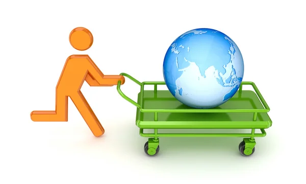 Running 3d small person and globe on a pushcart. — Stock Photo, Image