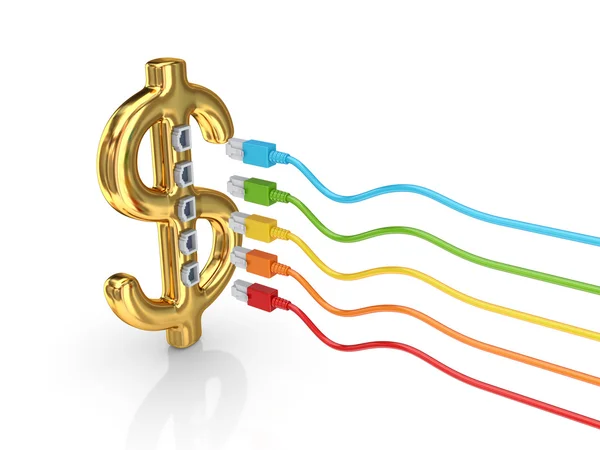 Golden dollar sign and colorful ptch cords. — Stock Photo, Image