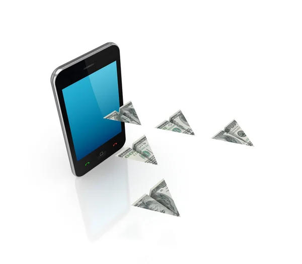Modern mobile phone and airplanes made of dollars. — Stock Photo, Image