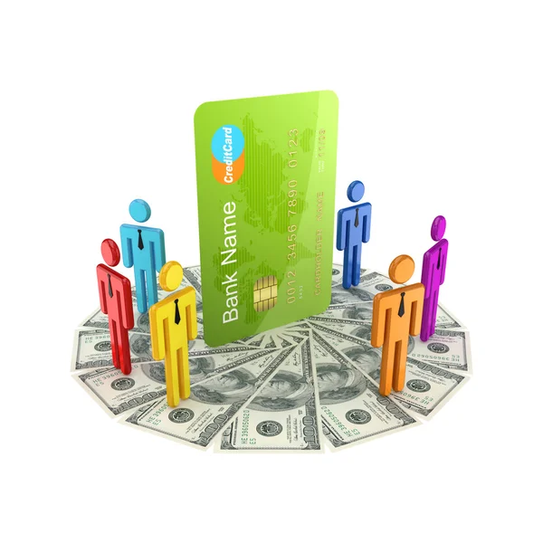 3D malý stojící na dolarech kolem velkých kreditní kartu. — Stock fotografie