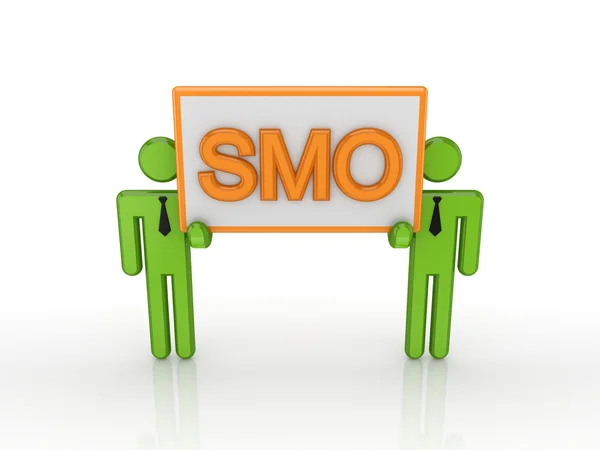 3D-kleine bedrijf in een grote bunner van de handen met een woord smo. — Stockfoto