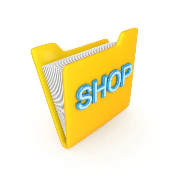 Žluté složky s modré slovo shop. — Stock fotografie