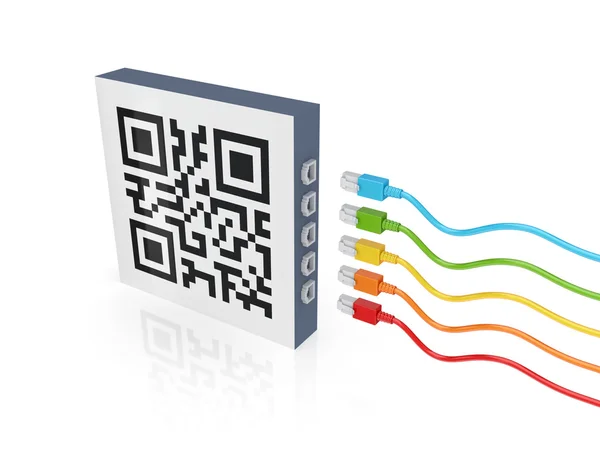 QR-kód és a színes patch kábelek. — Stock Fotó