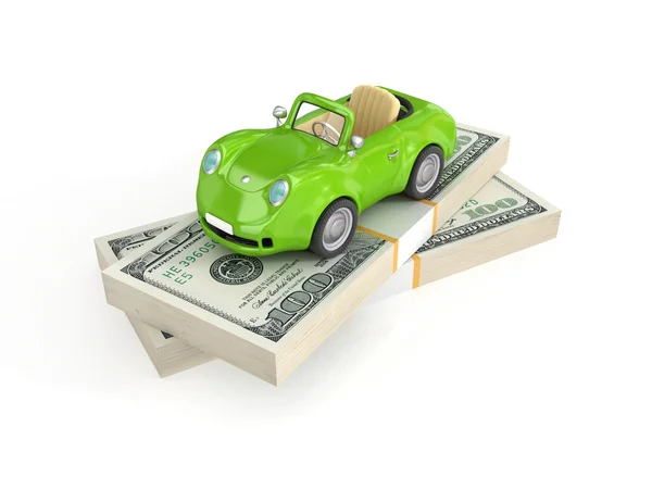 Pequeño coche verde y paquetes de dólares . — Foto de Stock