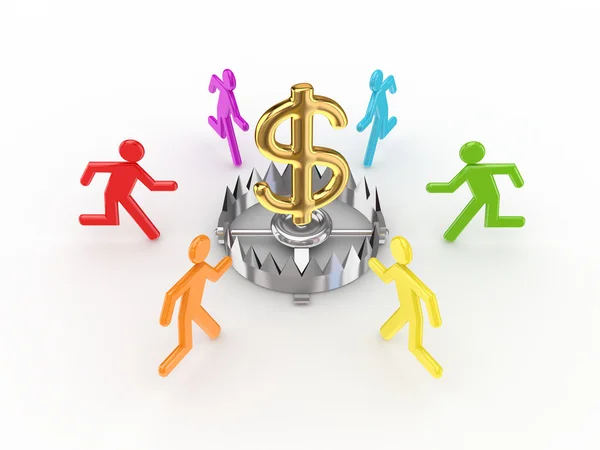 Colorful 3d small around iron trap and dollar sign. — Stock Photo, Image