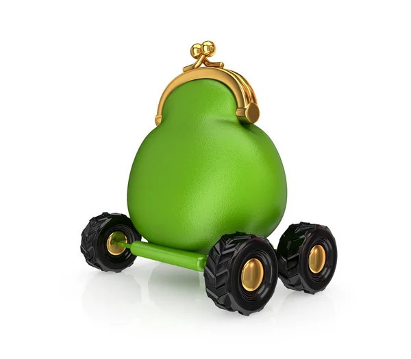 Green vintage purse on a wheels. — Stock Photo, Image