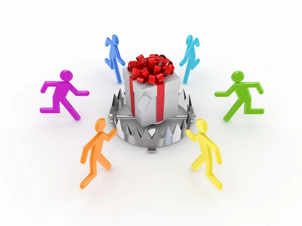 Colorful 3d small around iron trap and gift box. — Stock Photo, Image