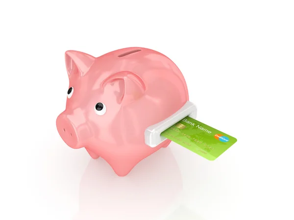Roze piggy bank en een groene creditcard. — Stockfoto