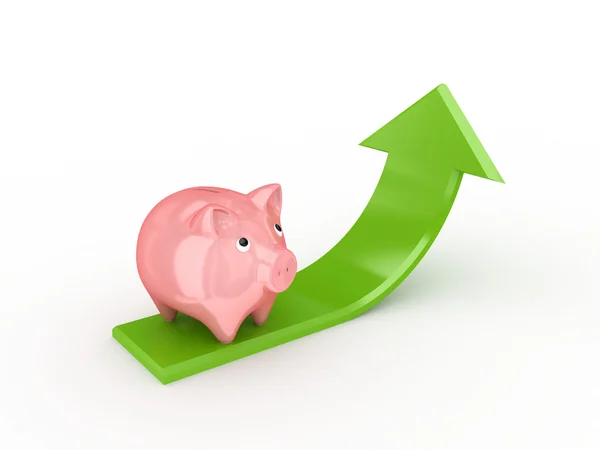 Pink piggy bank on a green arrow. — Stock Photo, Image
