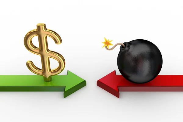 Rode en groene pijlen, dollarteken en bom. — Stockfoto