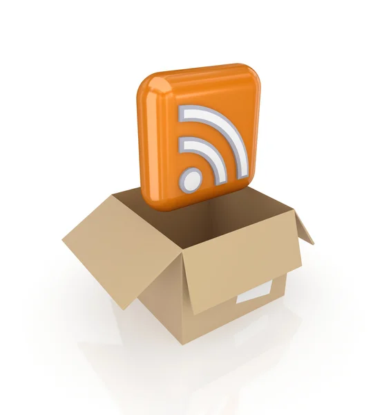 Símbolo RSS em uma caixa de papelão . — Fotografia de Stock
