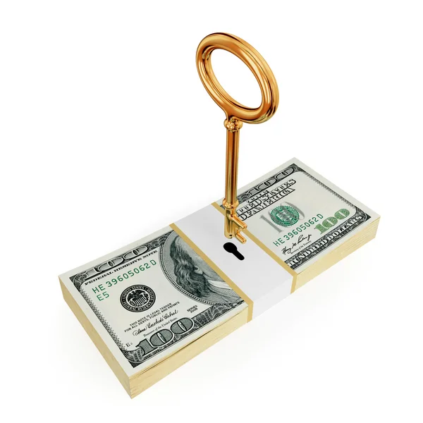 Dollar pack with golden key above. — Stock Photo, Image