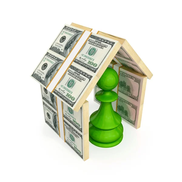 Green pawn under the roof made of money. — Stock Photo, Image